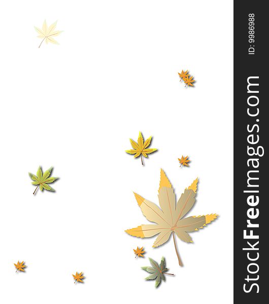 Gold autumn leaves on brightly white  background