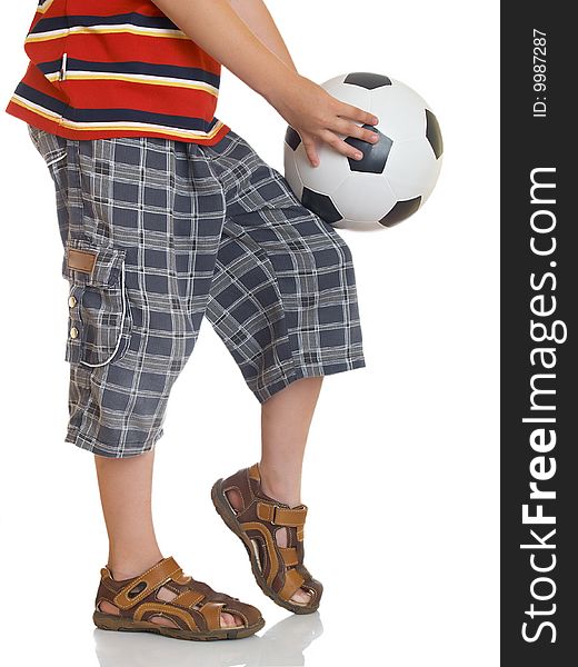 The football keeps on a leg of the boy