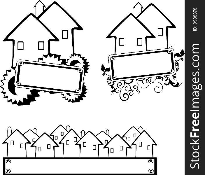 Vector banner and icons with houses and gears. Vector banner and icons with houses and gears