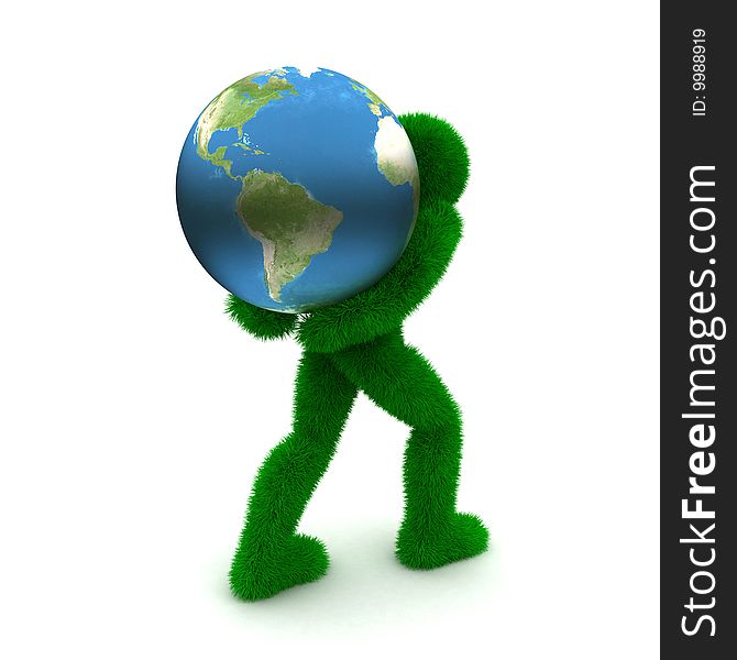 3D man holds Earth isolated on white.