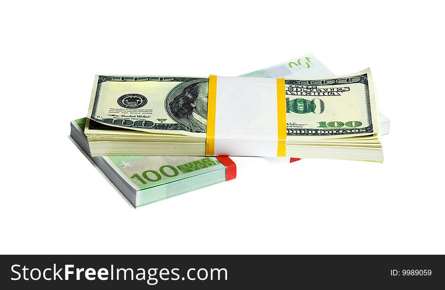 Ten thousand U.S. dollars and EURO in a bundle isolated on white background