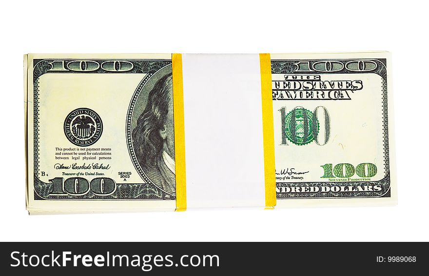 Ten thousand U.S. dollars in a bundle isolated on white background