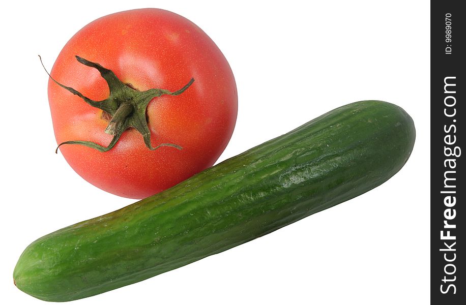 Tomato and cucumber separately on a white background