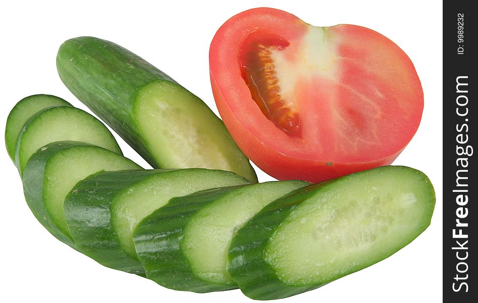 Tomato and cucumber separately on a white background