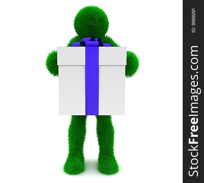 3D Man Holds Gift Isolated On White.