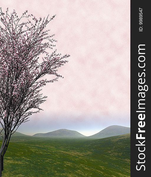 3D illustration of Japanese themed landscape at spring. 3D illustration of Japanese themed landscape at spring