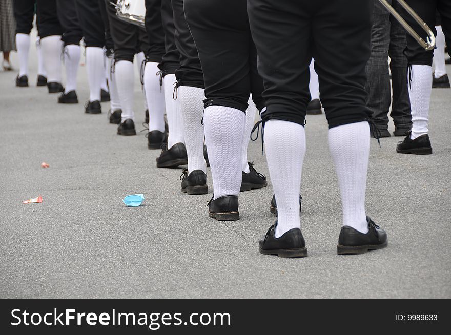 Folkloric band with knee breeches marching in Germany. Folkloric band with knee breeches marching in Germany