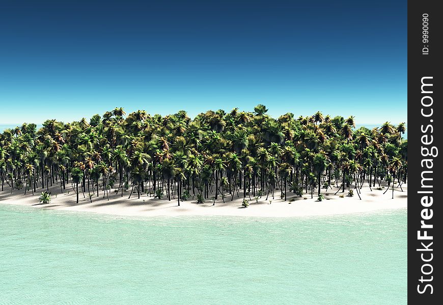 Digital render of an island with palm trees. Digital render of an island with palm trees