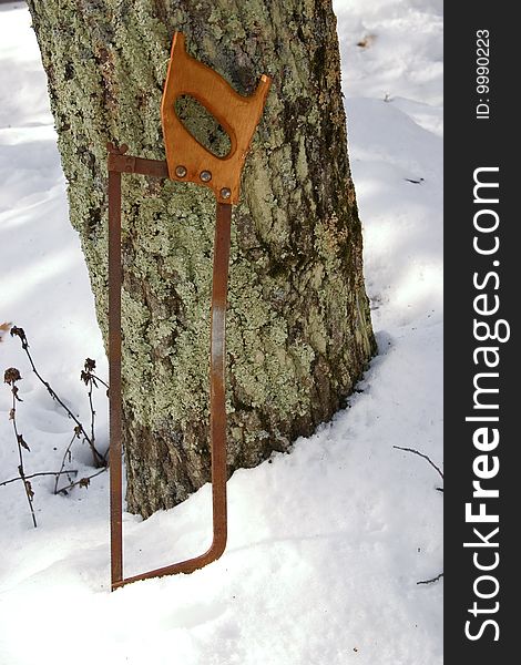 An old rusty saw leaning against a tree. An old rusty saw leaning against a tree