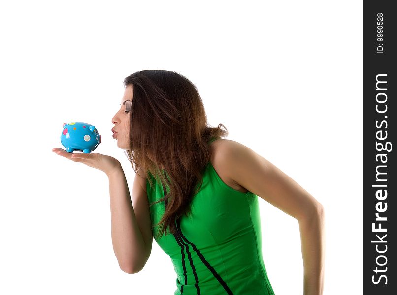 Pretty woman hold blue piggy bank on white background