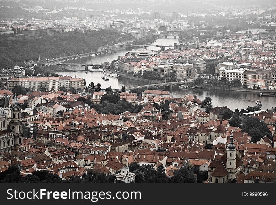 Prague and river Vltava from height of the bird's flight