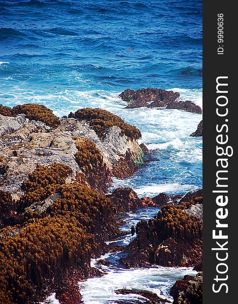 Rocky Oregon coastline with waves pounding rocks