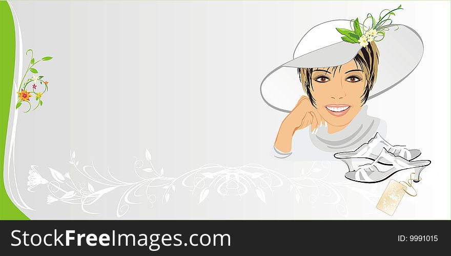 Beautiful woman with hat and shoes. Fashion card. Vector illustration