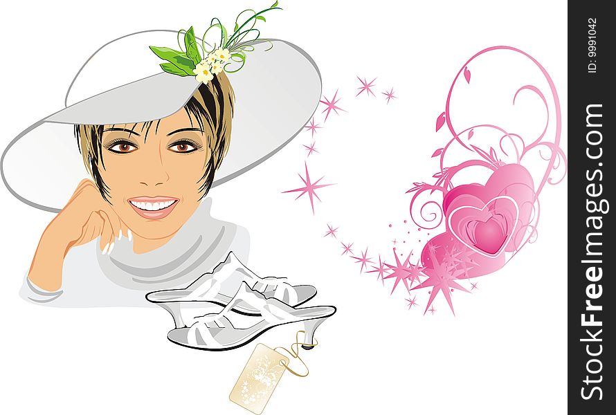 Beautiful woman with hat and shoes. Romance composition. Vector illustration