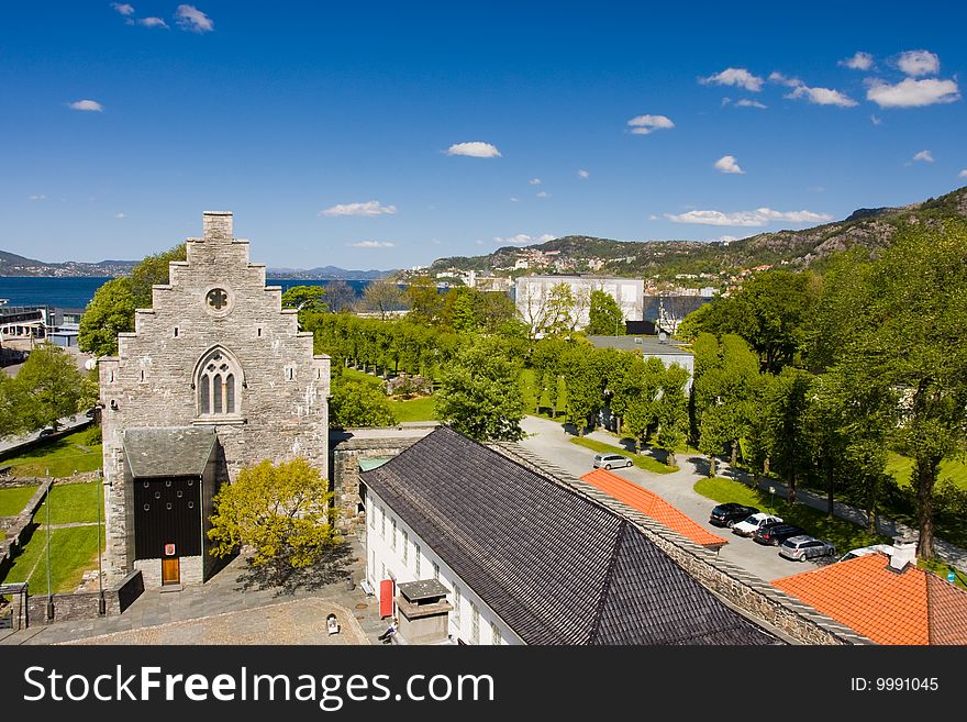 View on old church from ancient tower. Bergen, Norway. View on old church from ancient tower. Bergen, Norway.