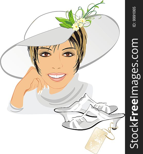 Portrait of beautiful woman with hat and shoes. Vector illustration