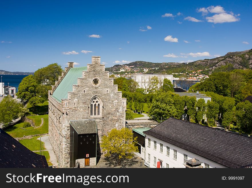 View on old church from ancient tower. Bergen, Norway. View on old church from ancient tower. Bergen, Norway.