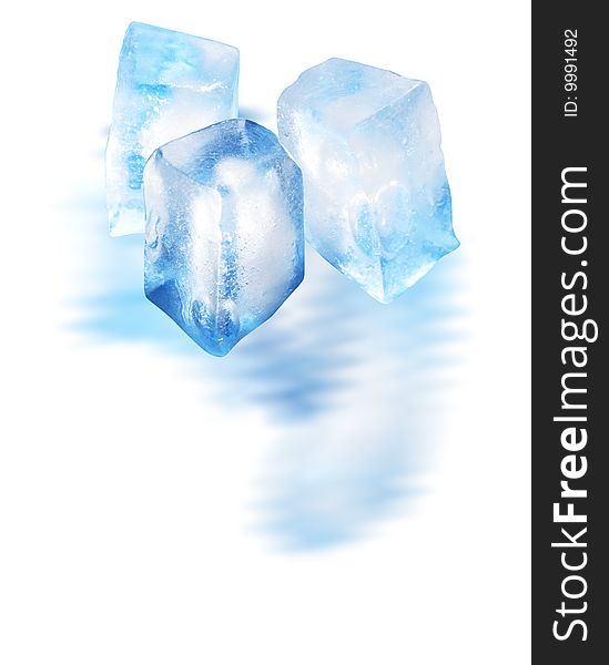 Three ice cubes with reverberation isolated on white background with clipping path