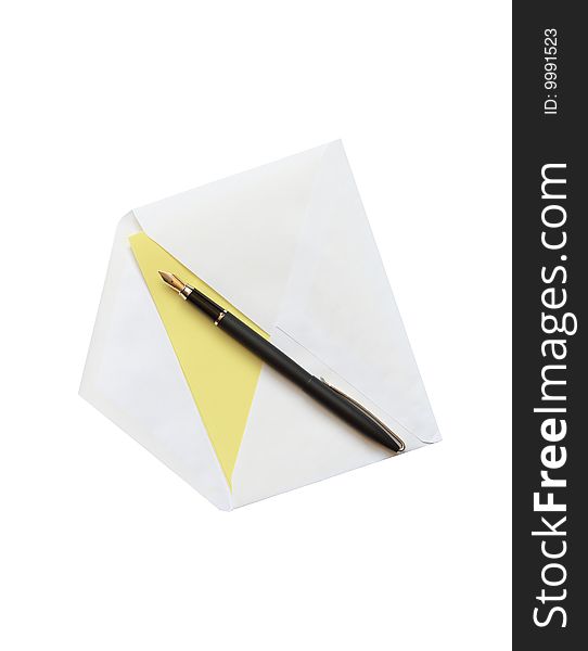 Fountain pen lying on open envelope with letter. Isolated on white with clipping path