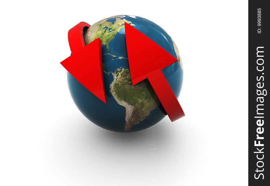 3d illustration of arrows around earth globe, over white background. 3d illustration of arrows around earth globe, over white background