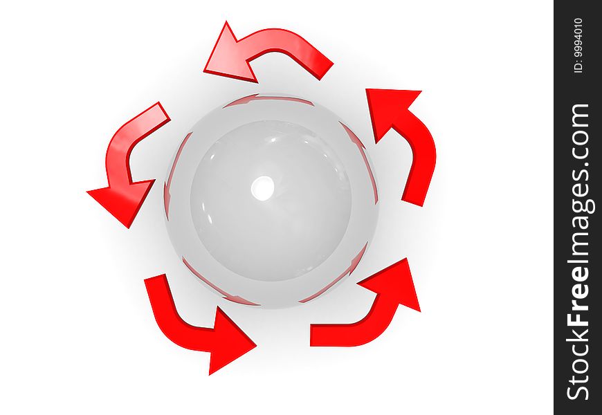 3d illustration of arrows around sphere, change or cycle symbol