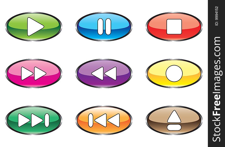 Nine varicoloured buttons for player on a white background