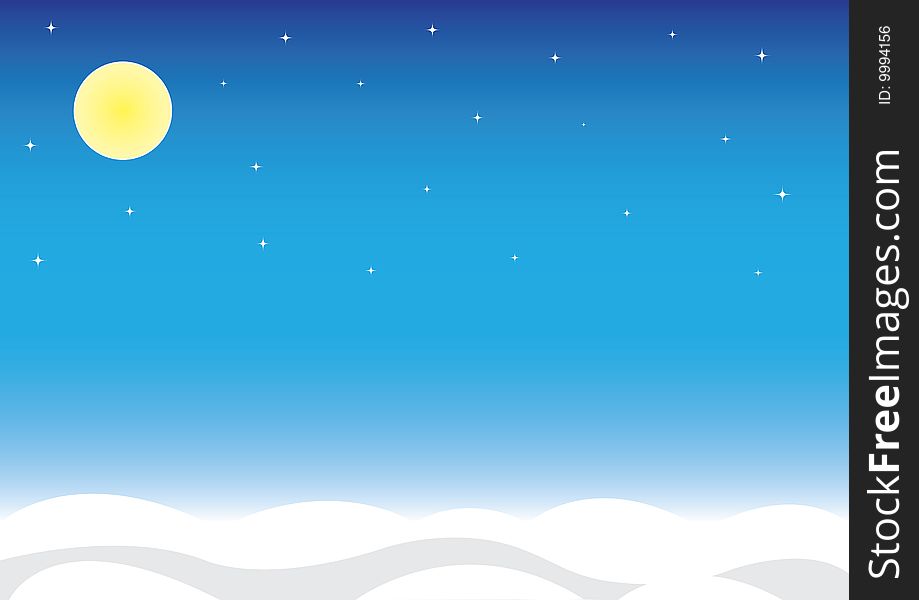 Winter landscape, night, stars and the moon