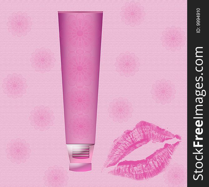 Pink tube with pink flowers and kiss on pink backrgound. Pink tube with pink flowers and kiss on pink backrgound