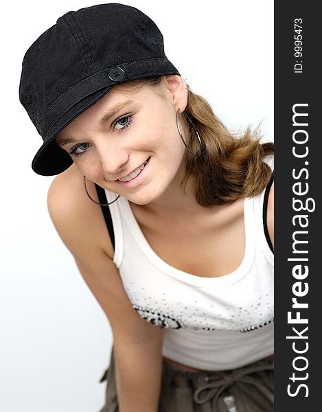 Young woman with a black cap