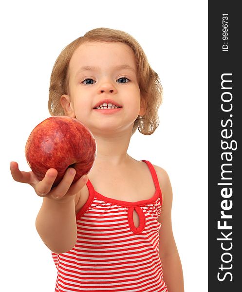 A little girl holds a apple. A little girl holds a apple.