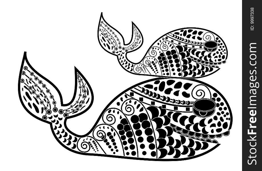 Two fish in the ethnic style on a white background. Two fish in the ethnic style on a white background