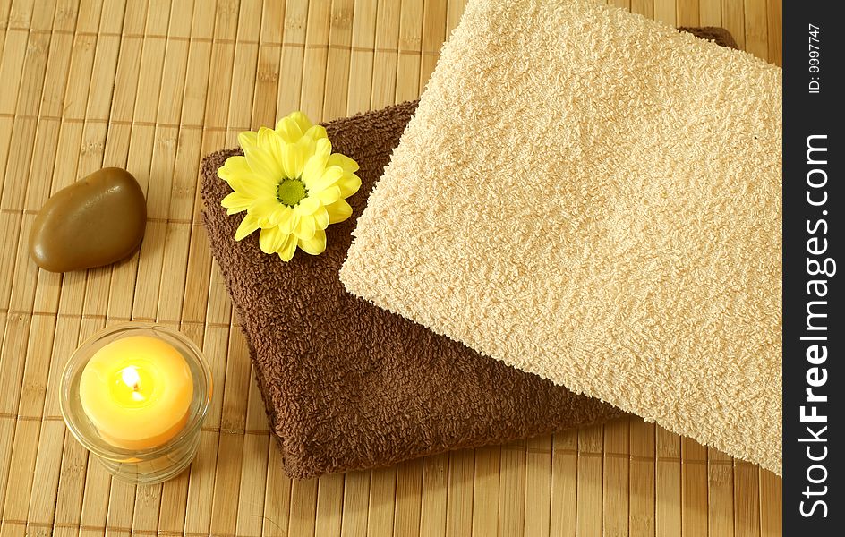 Towels, Stone, Yellow  Flower And Candle