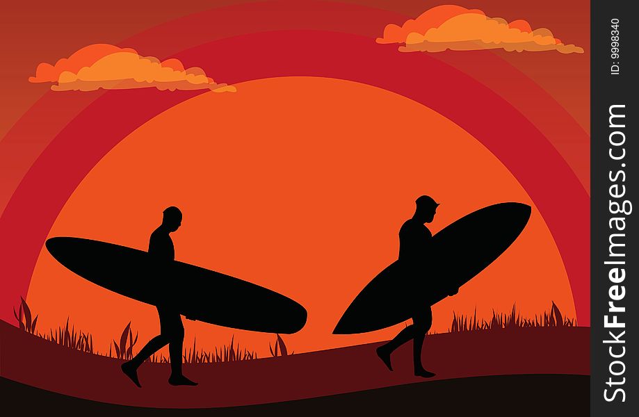 Vector illustration of two sunset surfers whose walking caring their surfing plates