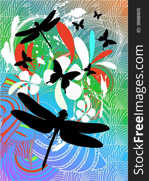 Floral retro graphic with butterflies, dragonflies and flowers on blue background. Floral retro graphic with butterflies, dragonflies and flowers on blue background.