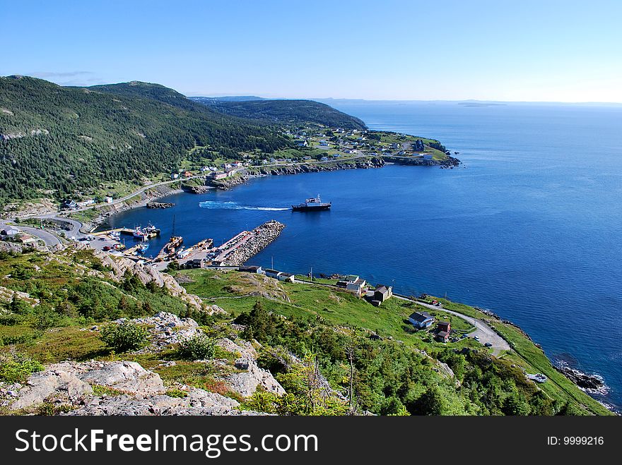 Aerial view of ferry leaving Portugal Cove harbor, Newfoundland, Canada. Aerial view of ferry leaving Portugal Cove harbor, Newfoundland, Canada.