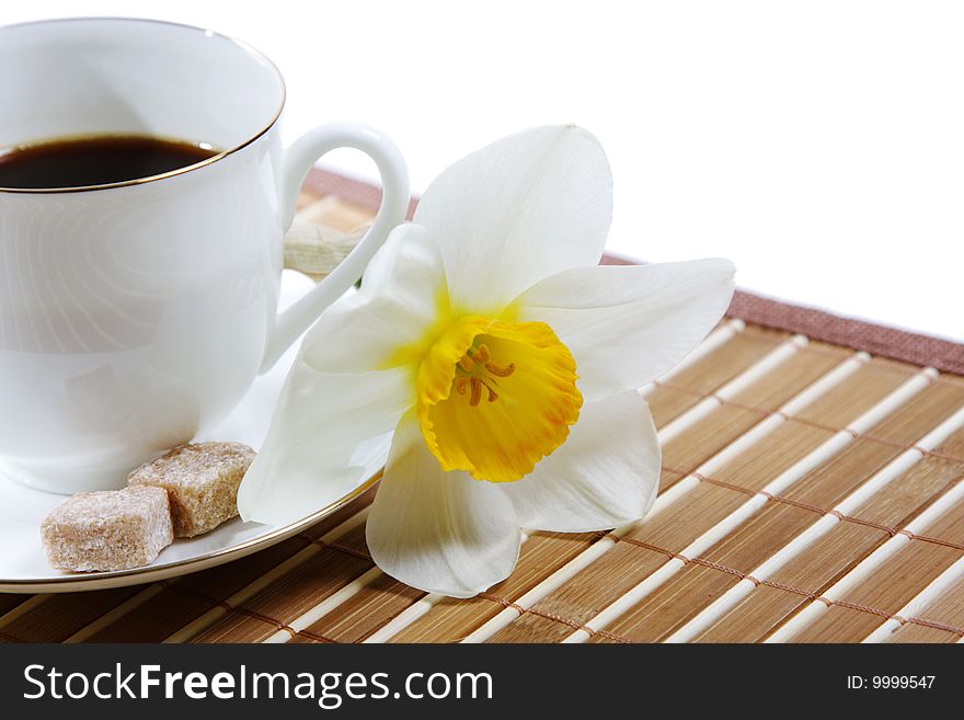 Isolated on white coffee-cup with narcissus and sugar. Isolated on white coffee-cup with narcissus and sugar