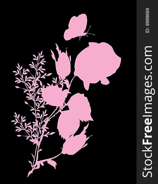 Illustration with pink butterfly and different flowers decoration. Illustration with pink butterfly and different flowers decoration