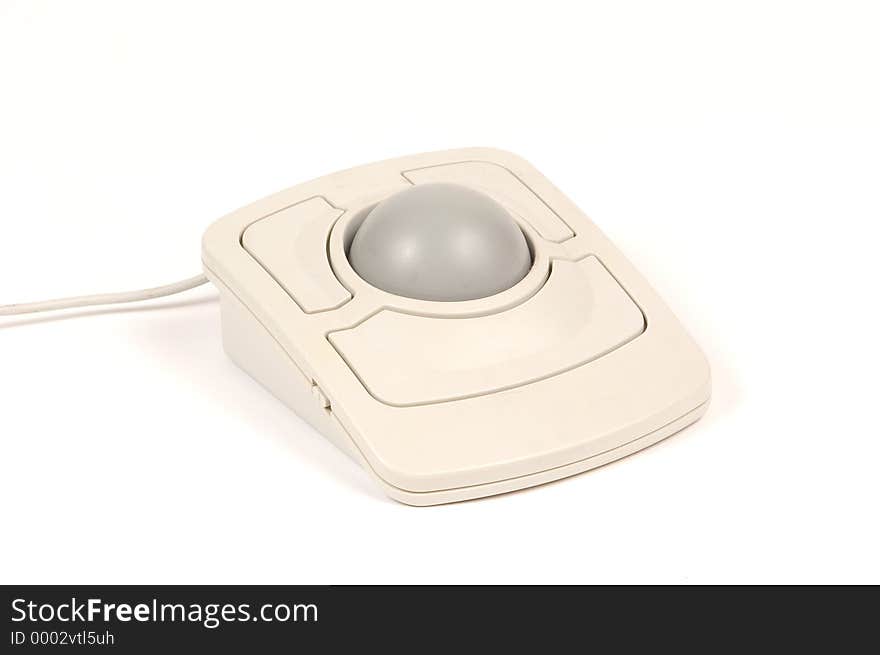 Older version of a track ball mouse. uses large ball for guiding curser and three buttons.