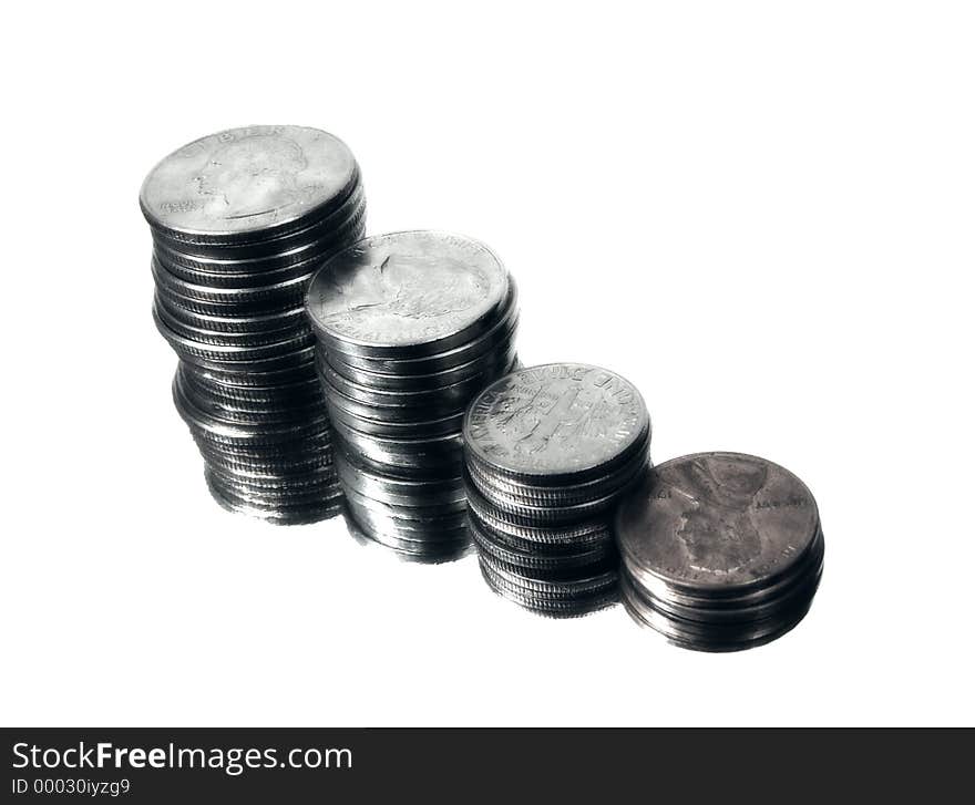 Photo of Stacked Pennies, Quarters, Nickels and Dimes with a Bluish Tint and Smeared. Photo of Stacked Pennies, Quarters, Nickels and Dimes with a Bluish Tint and Smeared.