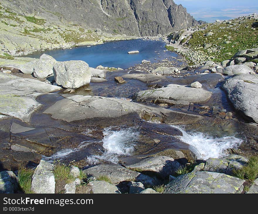 Lake with small waterfall.