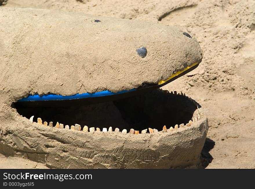 Close up view of a sand sculpture of a whale. View shows the whale's head and mouth with shells and shell pieces used to make the whale's teeth and eyes. A small float used for riding the waves was used to support the upper part of the head giving the appearance of an open mouth. Close up view of a sand sculpture of a whale. View shows the whale's head and mouth with shells and shell pieces used to make the whale's teeth and eyes. A small float used for riding the waves was used to support the upper part of the head giving the appearance of an open mouth.