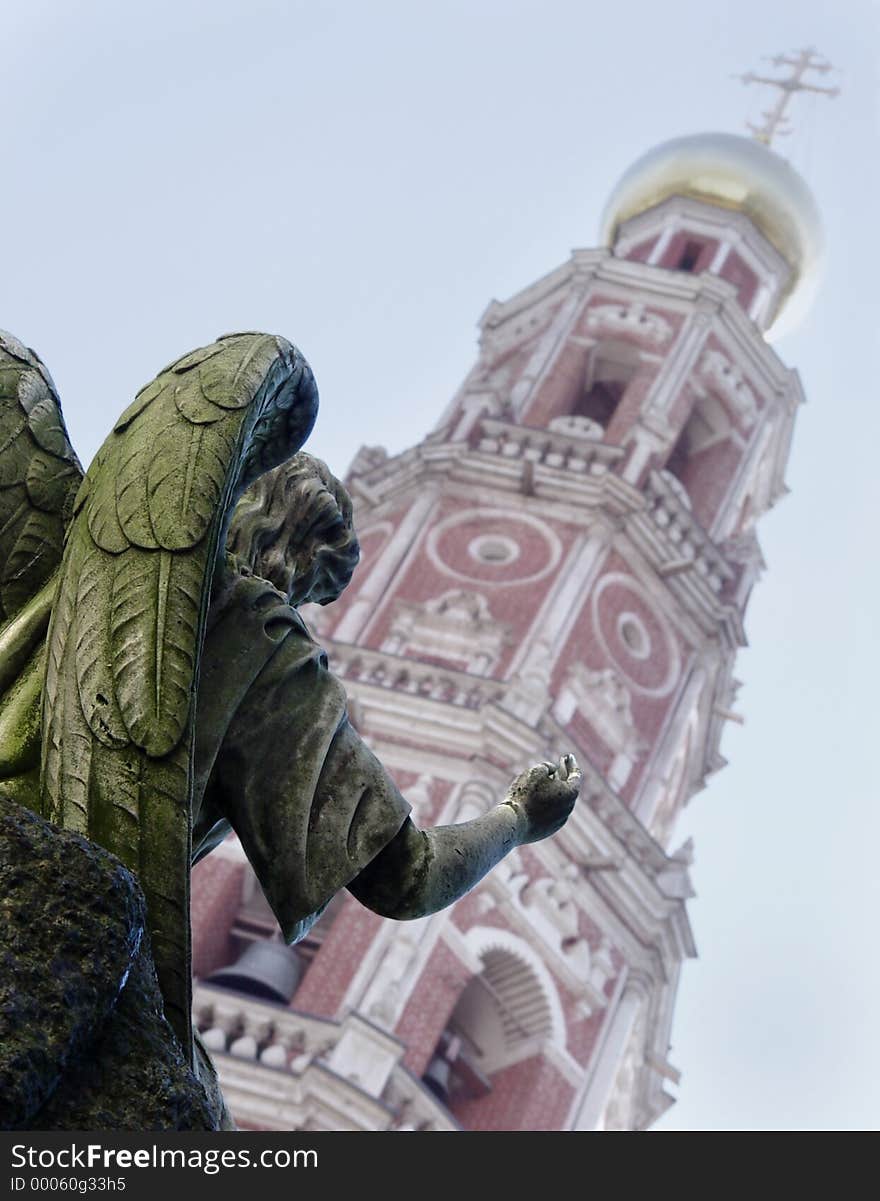 Angel sculpture in front of the church in Novodevichy (New Maiden) convent built in 1524.