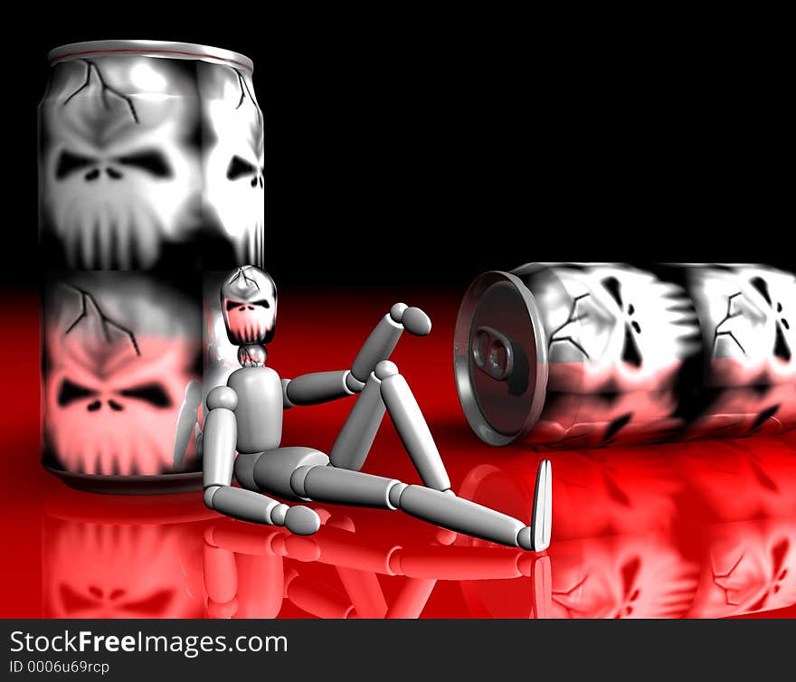 An illustration of a articulated demonic doll with 2 tins of supposed poison on a reflecting ground. An illustration of a articulated demonic doll with 2 tins of supposed poison on a reflecting ground