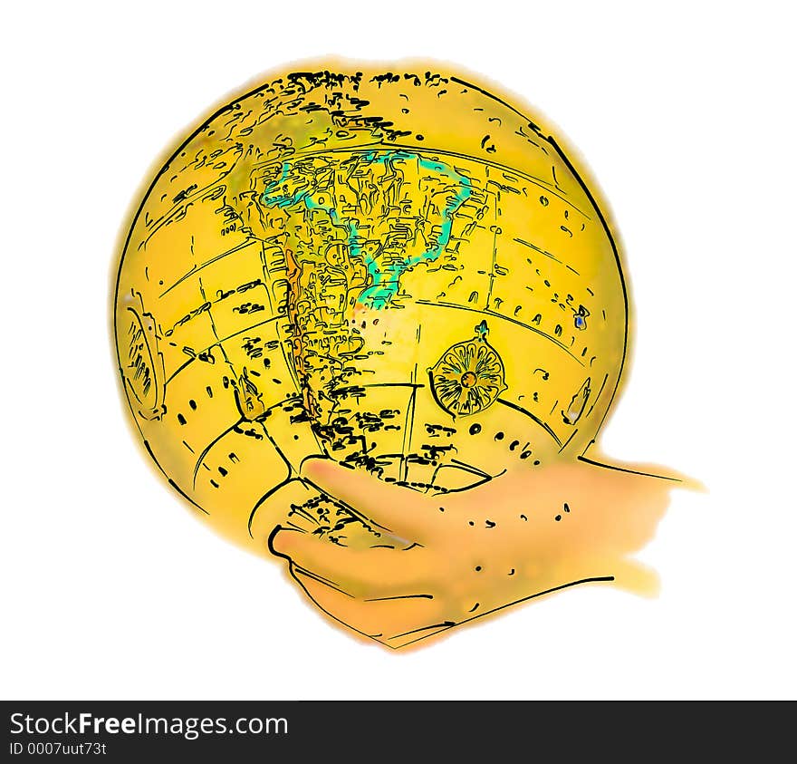 Illustration of a hand holding a golden globe. Illustration of a hand holding a golden globe.