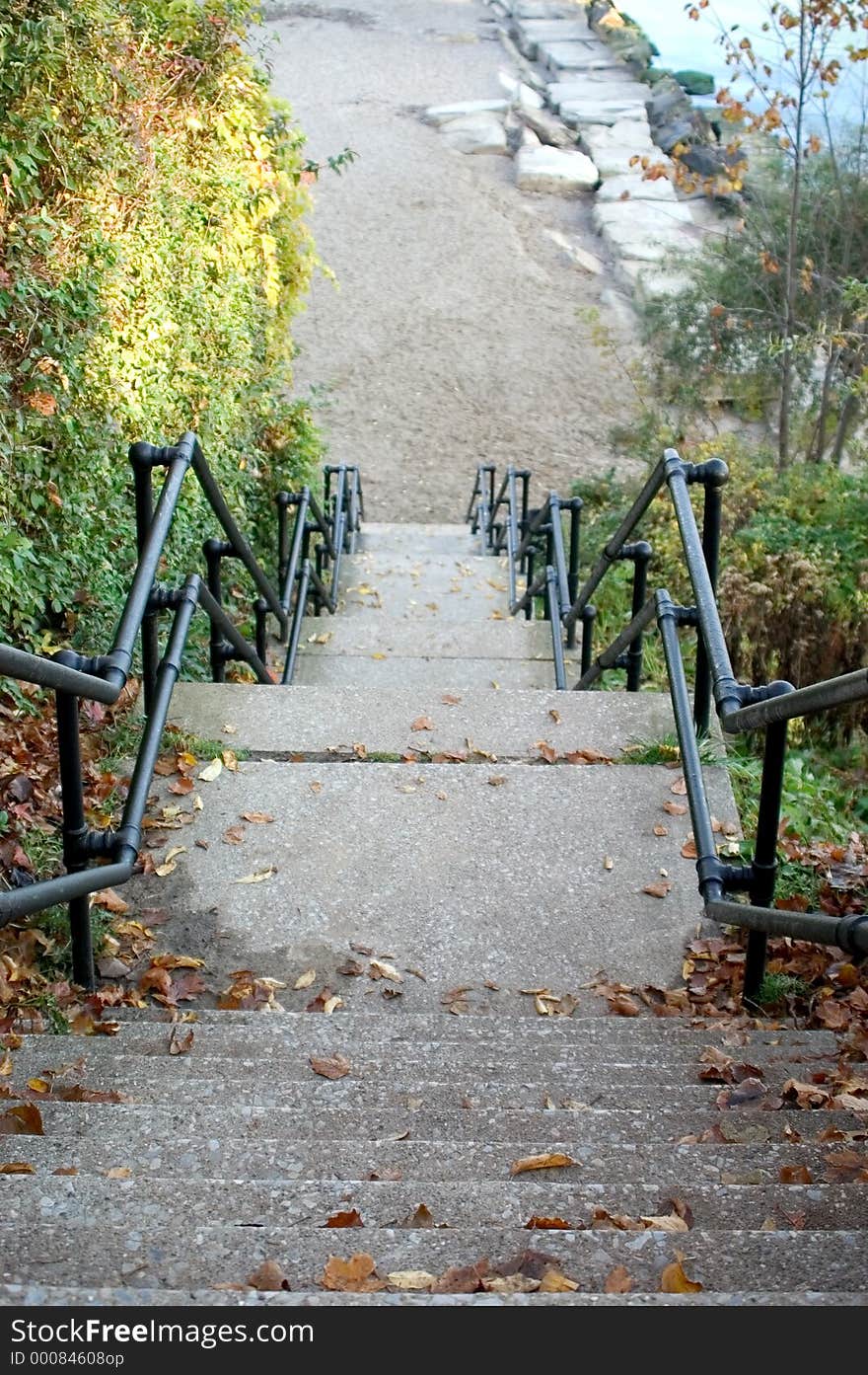 Looking down a lengthy staircase to a beach on Lake Erie. Looking down a lengthy staircase to a beach on Lake Erie