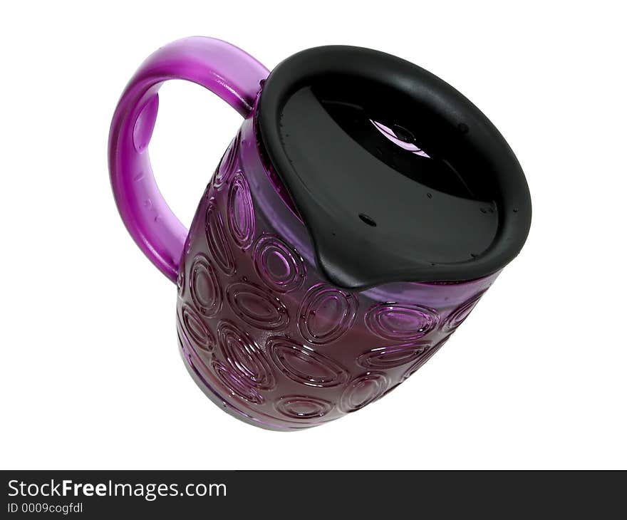 Hot coffee in a purple plastic thermos/mug with splash proof lid isolated on white. For use with coffee, tea, hot chocolate. Hot coffee in a purple plastic thermos/mug with splash proof lid isolated on white. For use with coffee, tea, hot chocolate.