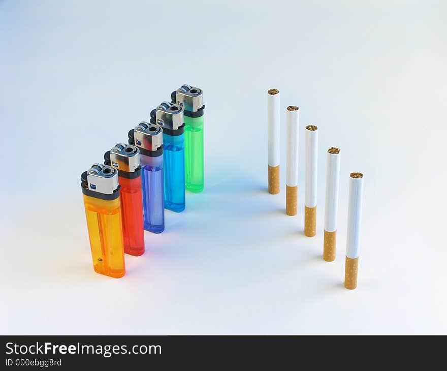 Five lighters against five cigarettes