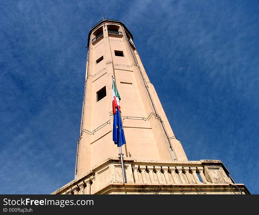 A bell tower into a blue sky. A bell tower into a blue sky