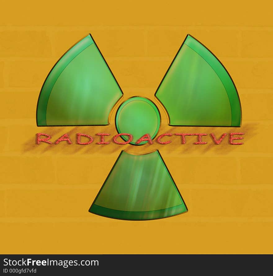 Green radiation warning symbol. Yellow background with a sublte hint of a brick background. Word Radioactive across image.