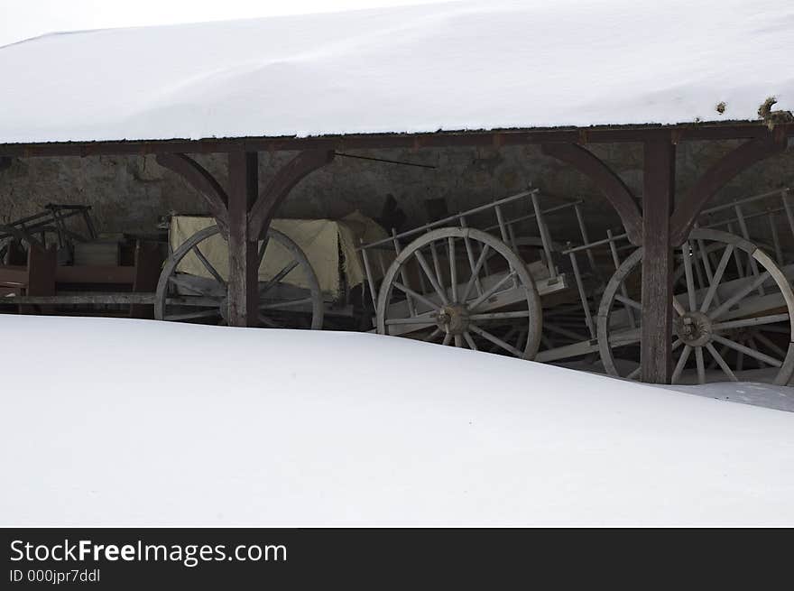 Red River carts waitnig for spring